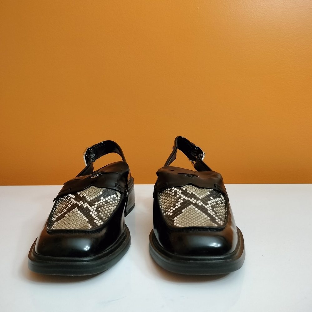 Franco Sarto Black Leather Flats with Snake-Print Accent